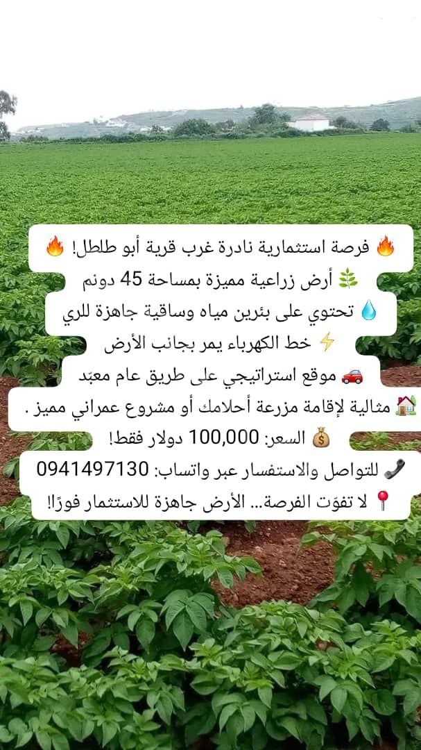 للبيع ارض زراعية 45 دونم في حلب